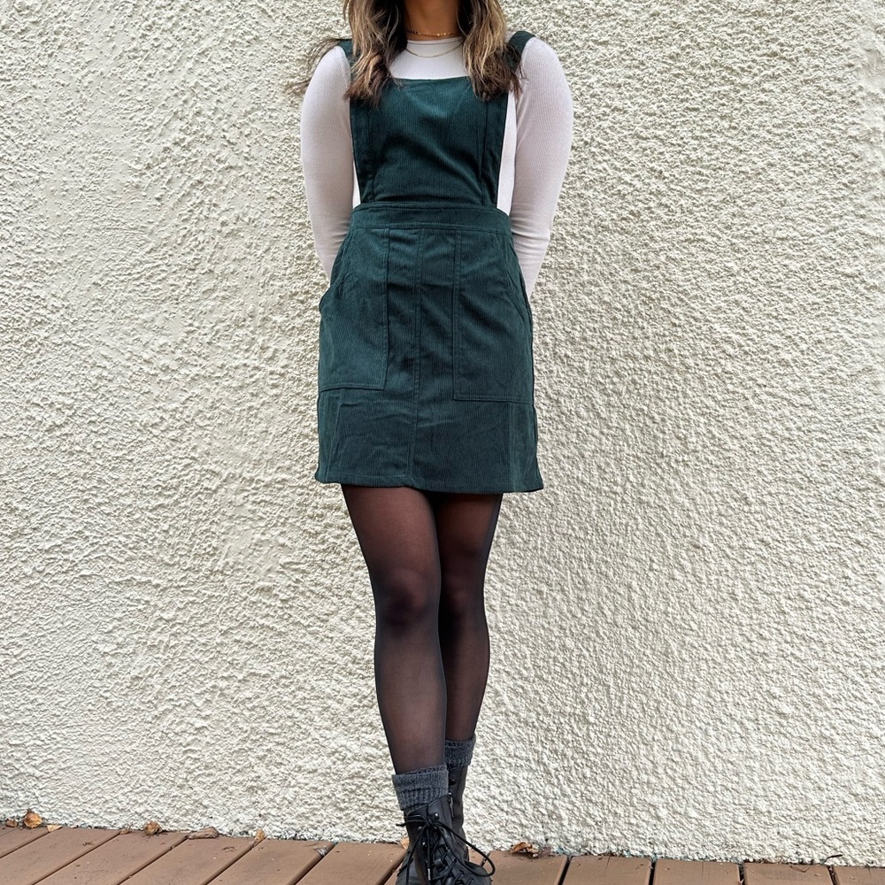LULUS - Embracing Autumn Emerald Green Corduroy Pinafore Mini Dress - S